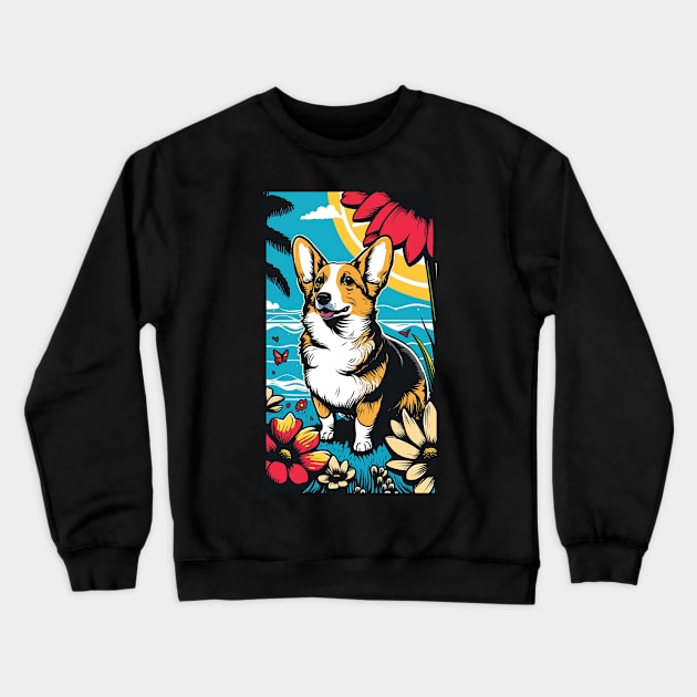 Corgi Dog Vibrant Tropical Flower Tall Retro Vintage Digital Pop Art Portrait 2 Crewneck Sweatshirt by ArtHouseFlunky